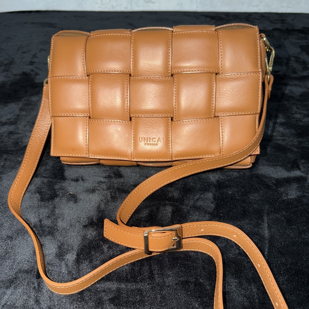 UNICA! FIRENZE Chestnut Woven QUILTED Purse Handbag Made In ITALY Leather